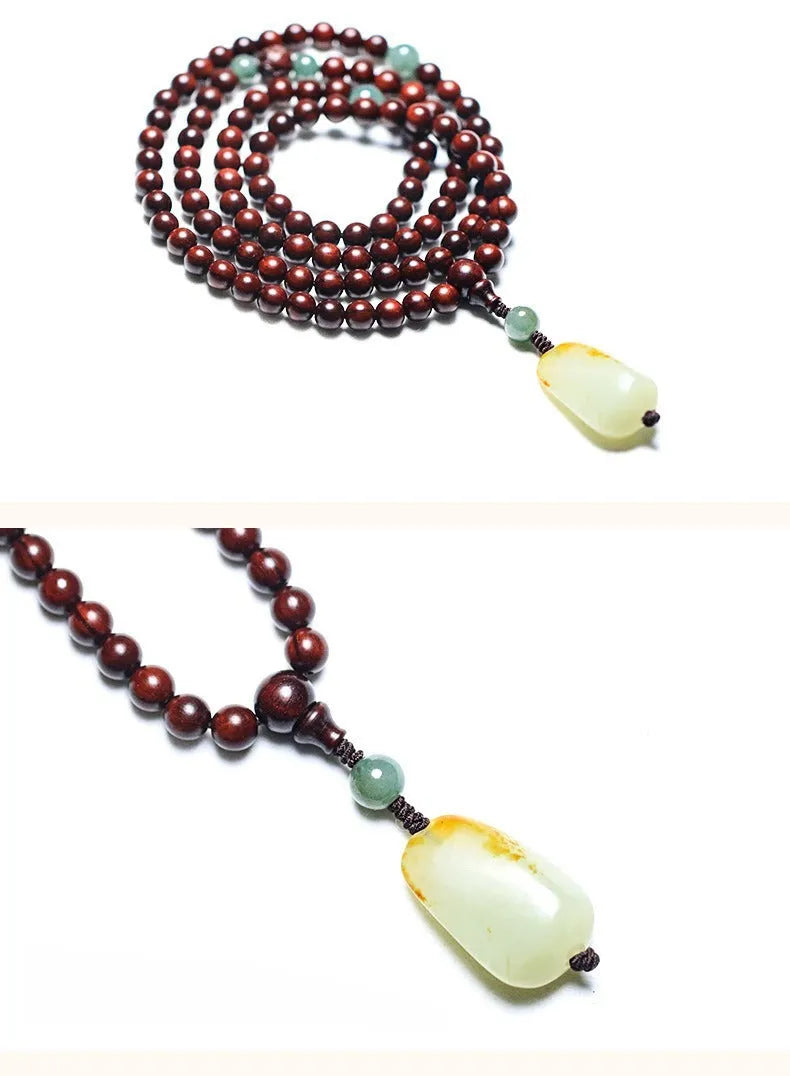 Carved rosewood bead bracelet with a Hotian Jade pendant, showing 6mm and 8mm size options.