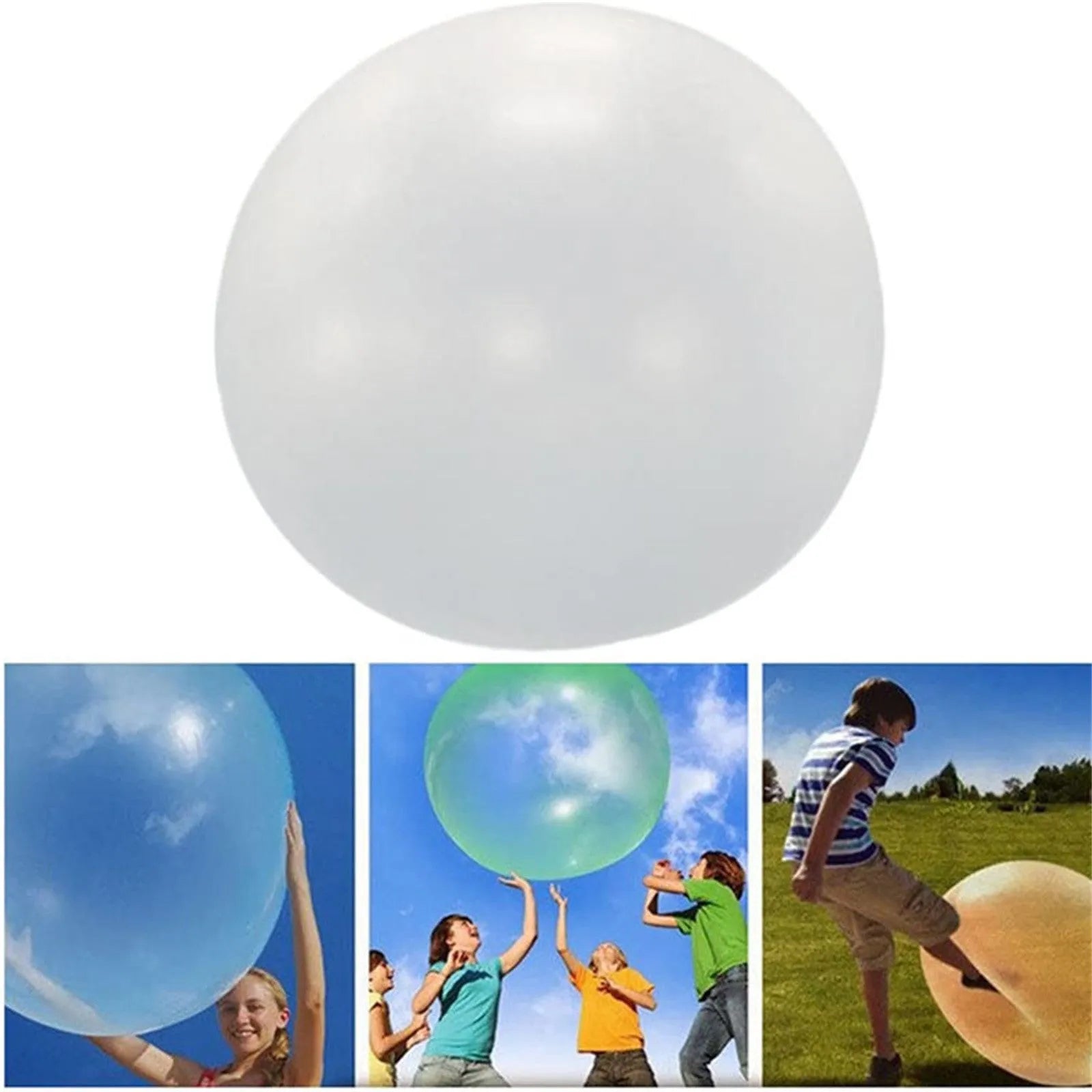 Large pink, yellow, green, and blue inflatable bouncy balls in different sizes for outdoor play.
