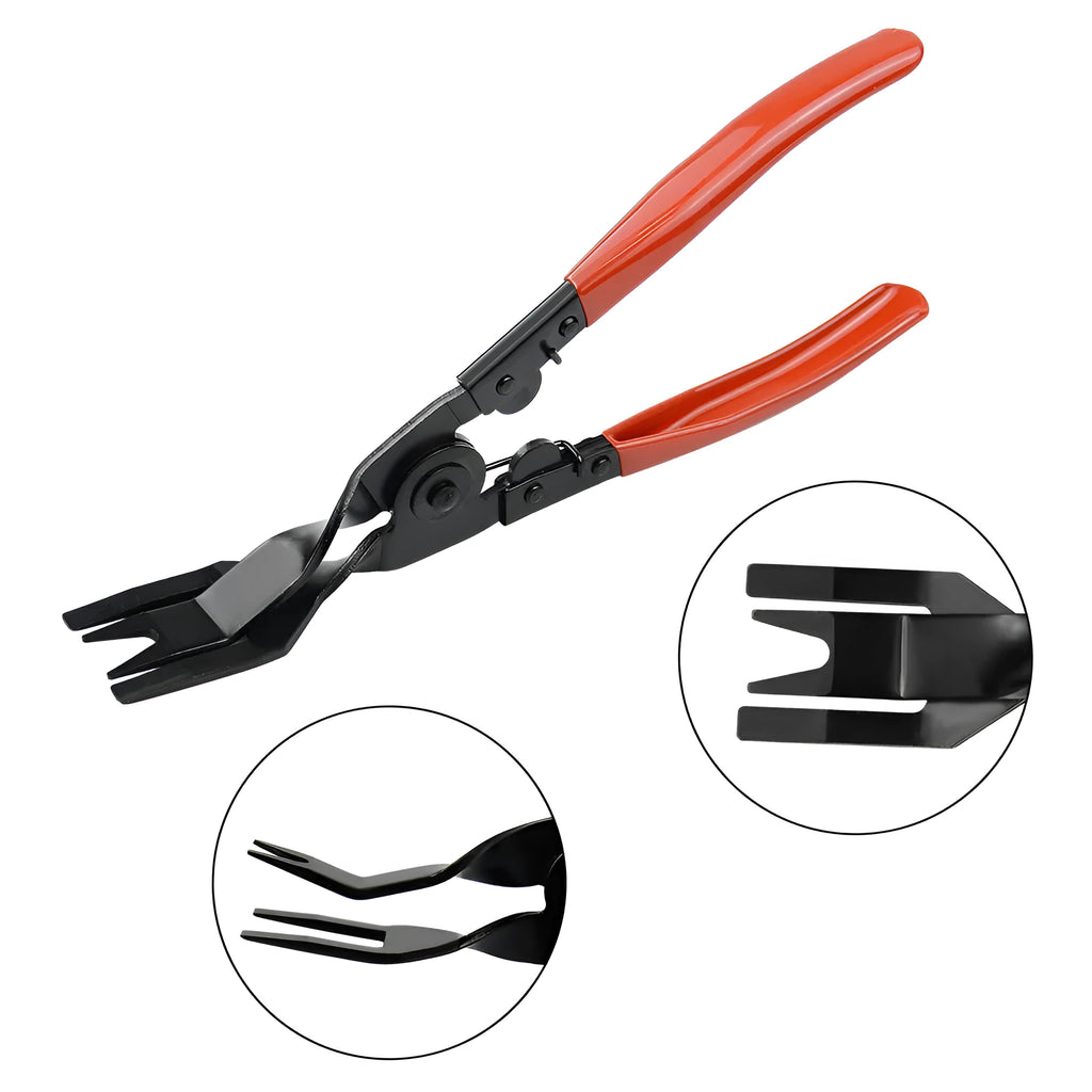 Red handle automotive clip driver tool for GM vehicle door panel installation with light switch pliers