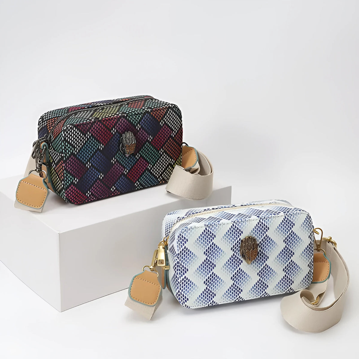 PU crossbody camera bag with wide strap, soft horizontal square shape, blue or multi-colour