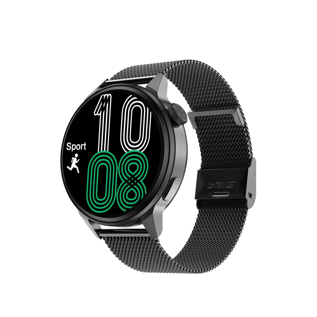 Smartwatch with 1.36in HD colour screen, Bluetooth calling, wireless charging, IP68 waterproof, 44x11mm case, 20mm strap, Black Gold Silver