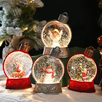 Illuminating LED Christmas decoration with flame-like effect, featuring various holiday figures like Santa, snowman, and angel.