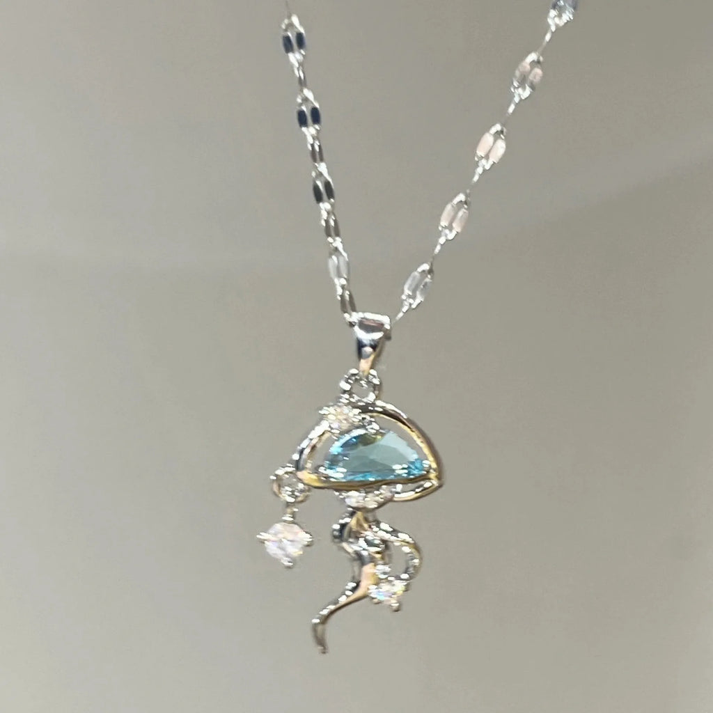 Sterling silver blue jellyfish necklace with white gold plating and adjustable chain