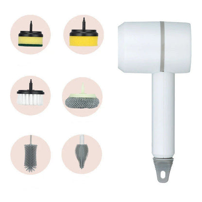 Cordless rechargeable electric cleaning brush with interchangeable brush heads for cleaning kitchen, bathtub, and tile surfaces