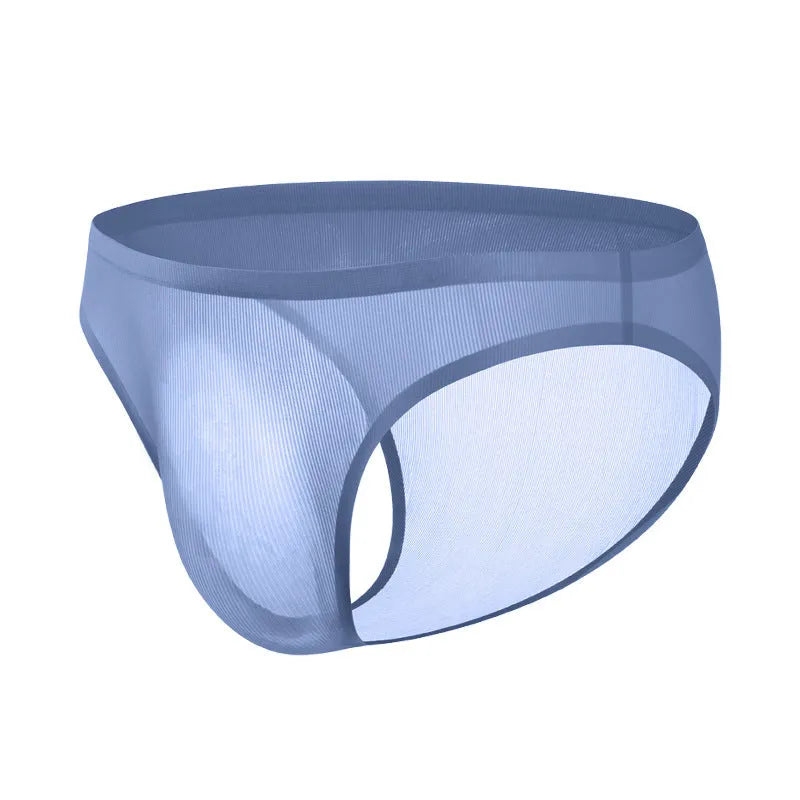 Men's seamless ice silk underwear briefs in stripe patterns showing ultra-thin translucent fabric