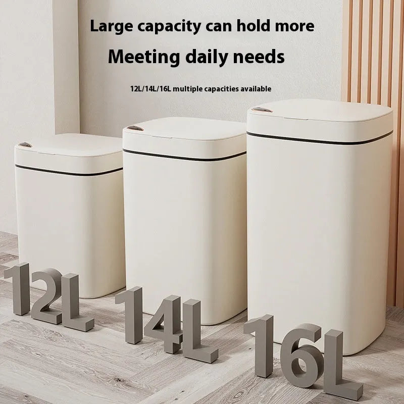 Square automatic sensor kitchen bin with open lid in milky white colour