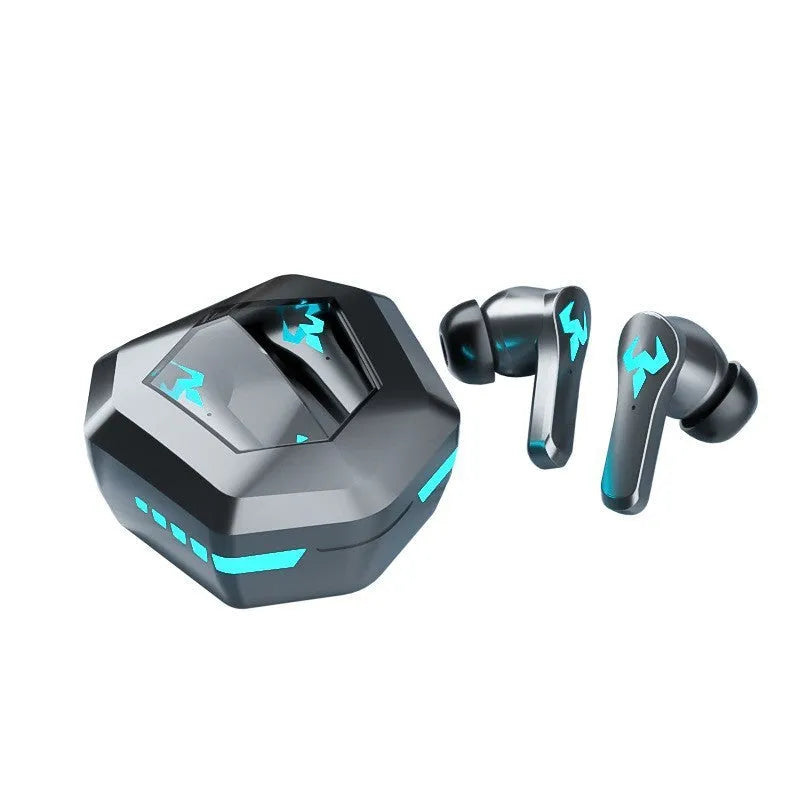 Black wireless in-ear Bluetooth headset for sports and gaming with noise cancellation