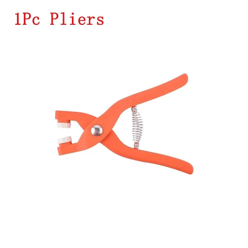 Stainless steel five claw no sew buttons and application pliers for clothing repair on baby and children's garments.