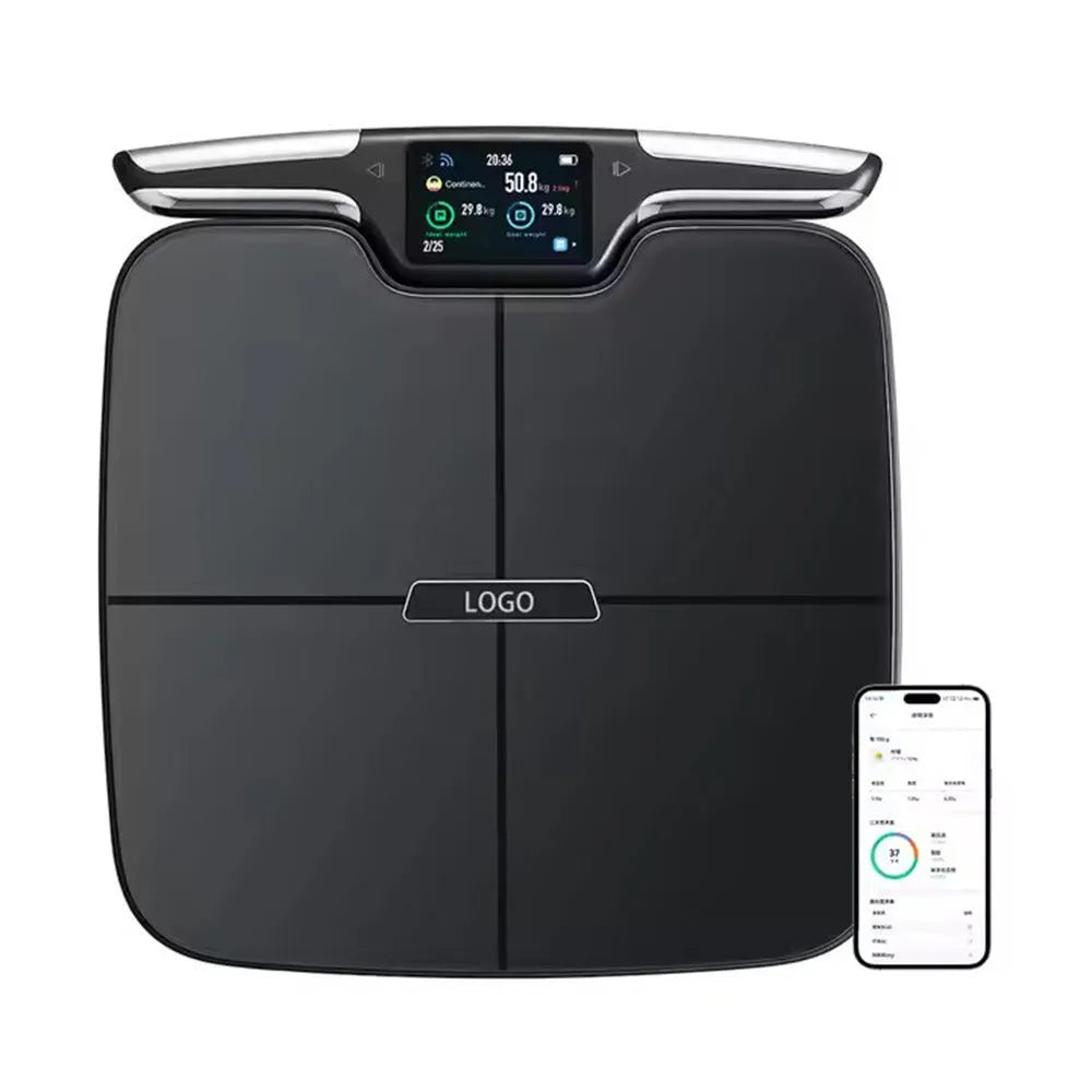 Black eight-electrode intelligent body fat weighing scale on a bathroom floor.