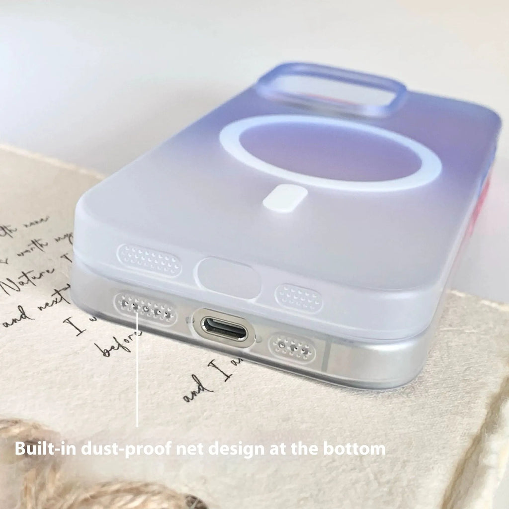 Frosted gradient colour magnetic suction iPhone case shown on a phone, displaying ultra-thin profile.