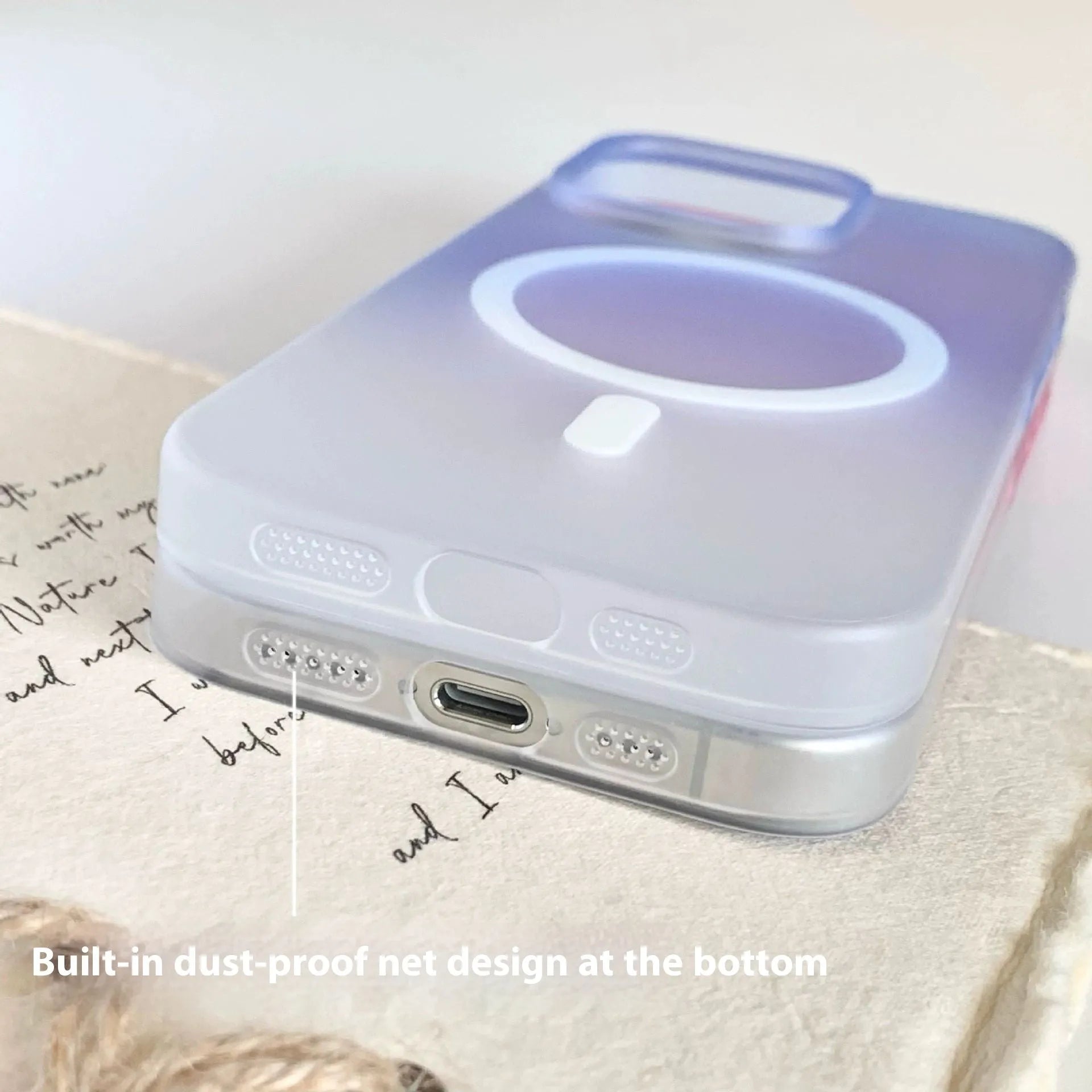 Frosted gradient colour magnetic suction iPhone case shown on a phone, displaying ultra-thin profile.