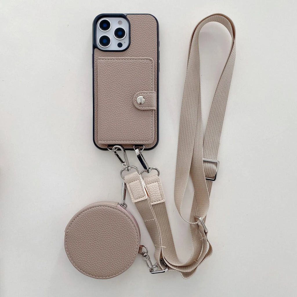 Black PC leather iPhone case with a visible card slot and a lanyard loop on the corner.