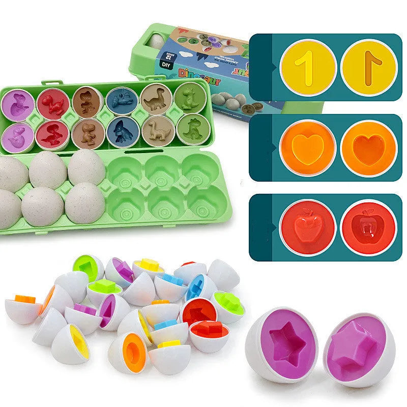 12 shape matching eggs toy set in green plastic with storage case, educational toy for children 3-6 years