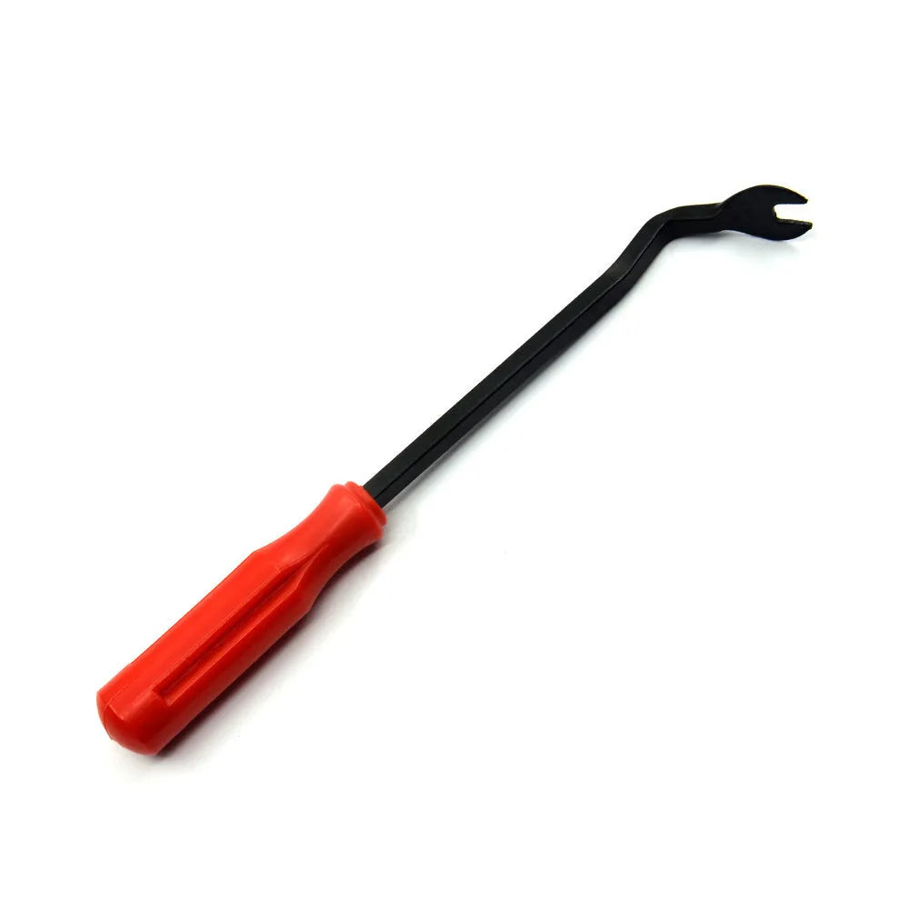 Red handle automotive clip driver tool for GM vehicle door panel installation with light switch pliers