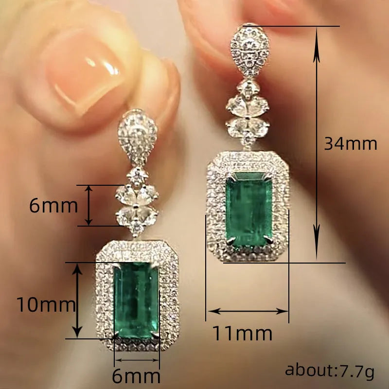Green square bright zircon earrings with copper flower and geometric drop design for formal wear