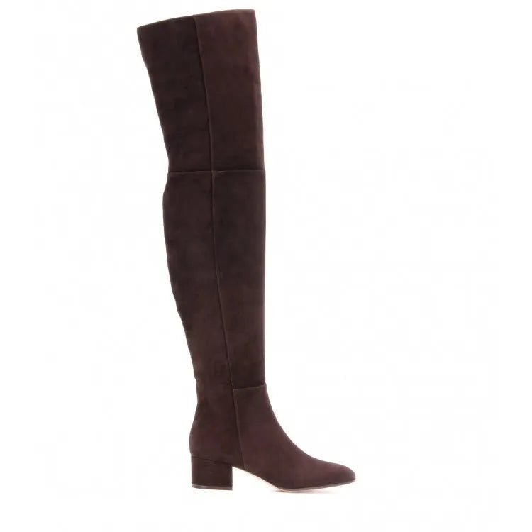 Women's grey suede over-the-knee flat boots with a pointed toe and low thick heel on a neutral background.