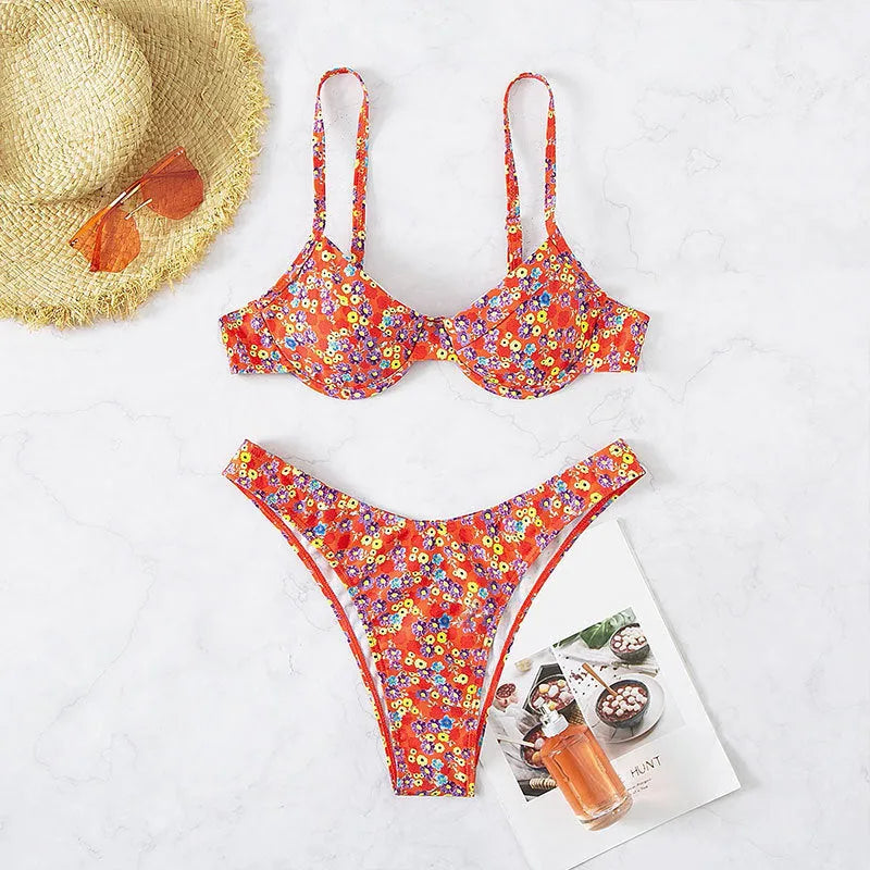 Red floral high waist split swimsuit for women on a white background.