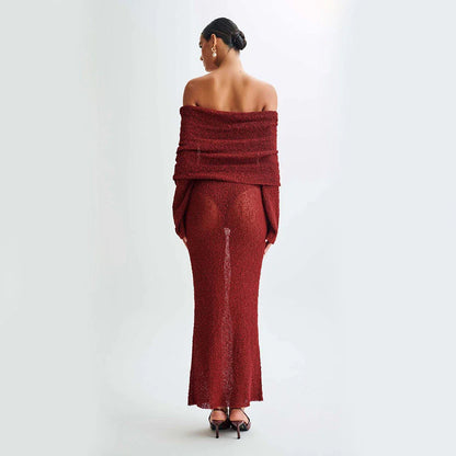 A one-shoulder knit maxi dress in various colors, perfect for beach vacations and summer getaways