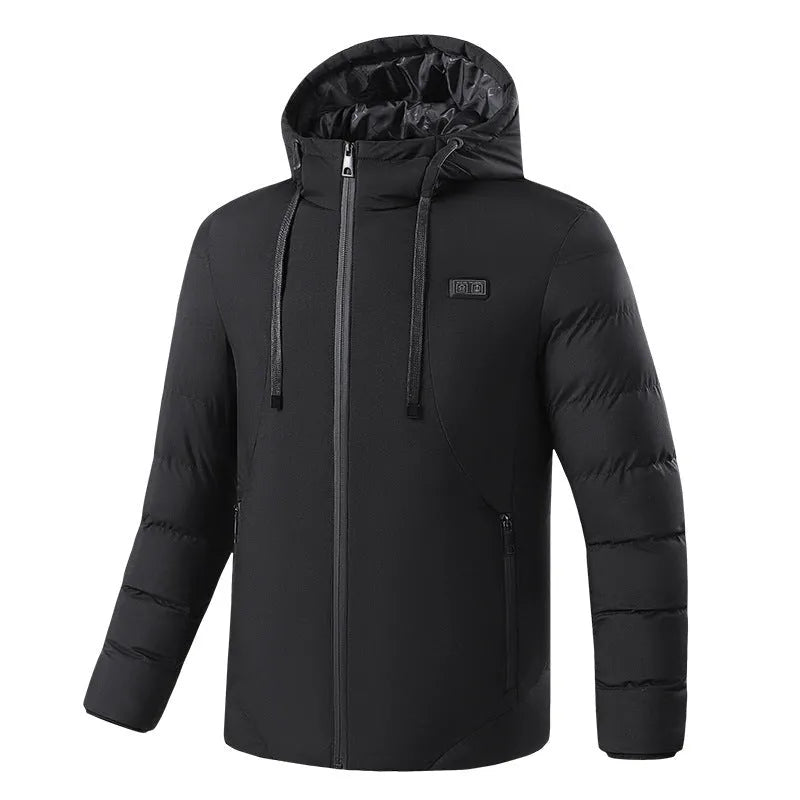 11-zone USB carbon fibre heating jacket in military green with dual-control panel, cotton leisure style, front view