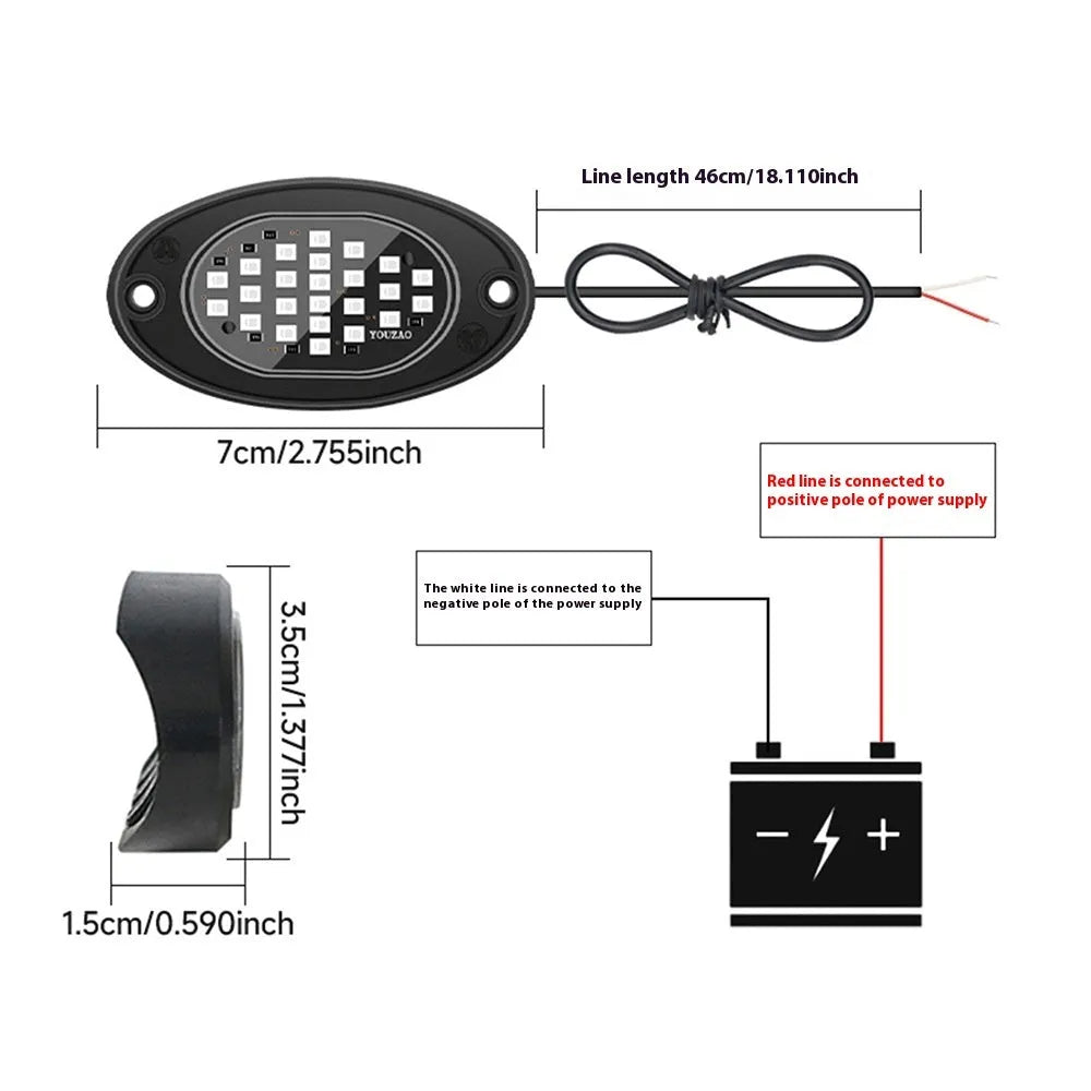 12V car LED chassis ambience light in ABS, 1pc set, available in blue, ice blue, pink purple, red or white
