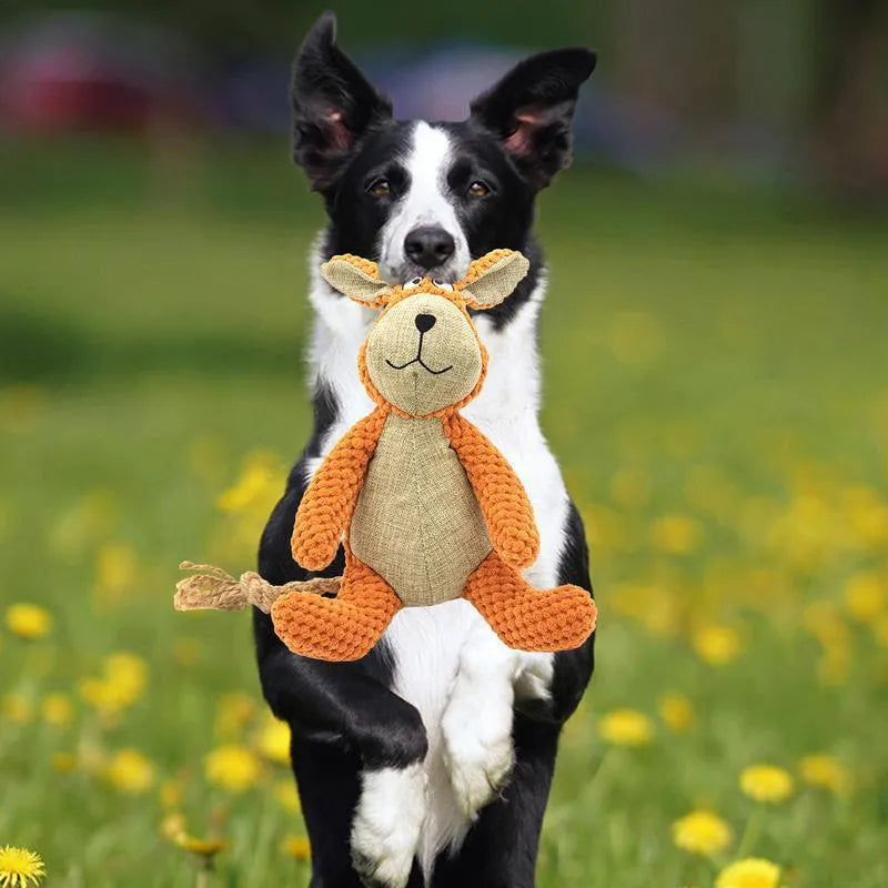Soft plush dog chew toy in animal shape with internal squeaker for teeth cleaning and play.