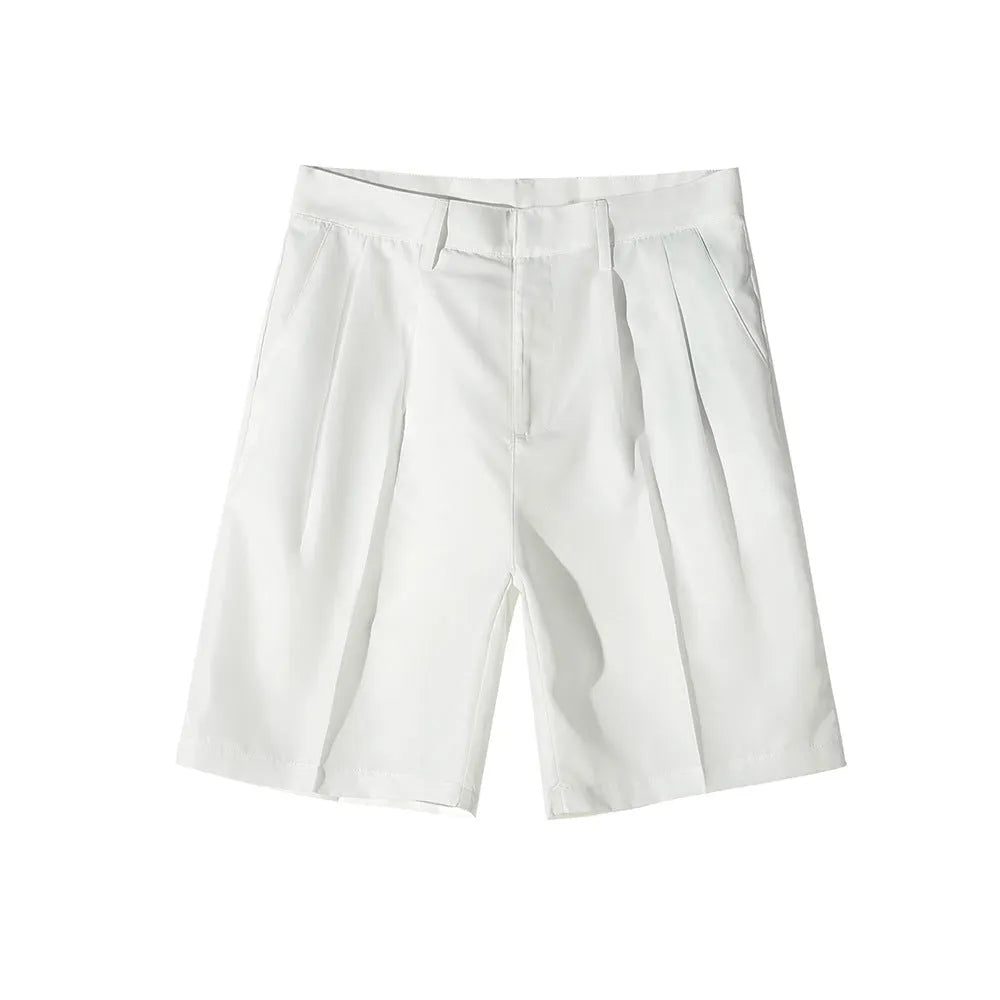 Man wearing loose straight-leg casual shorts in solid khaki colour