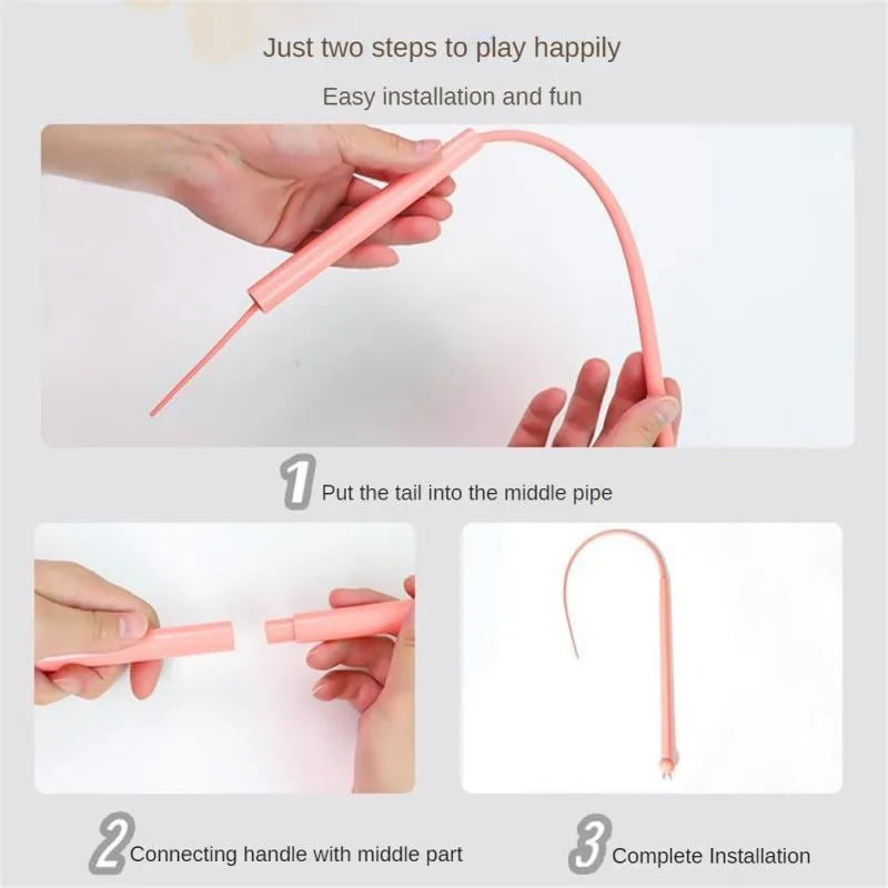 Blue simulated mouse tail cat toy with long silicone tail and cat head handle for interactive feline play