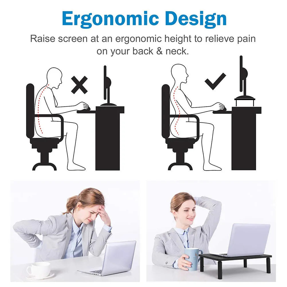 Black iron mesh height adjustable desktop rack for computer monitor and notebook, 370x235x140mm with anti-slip surface