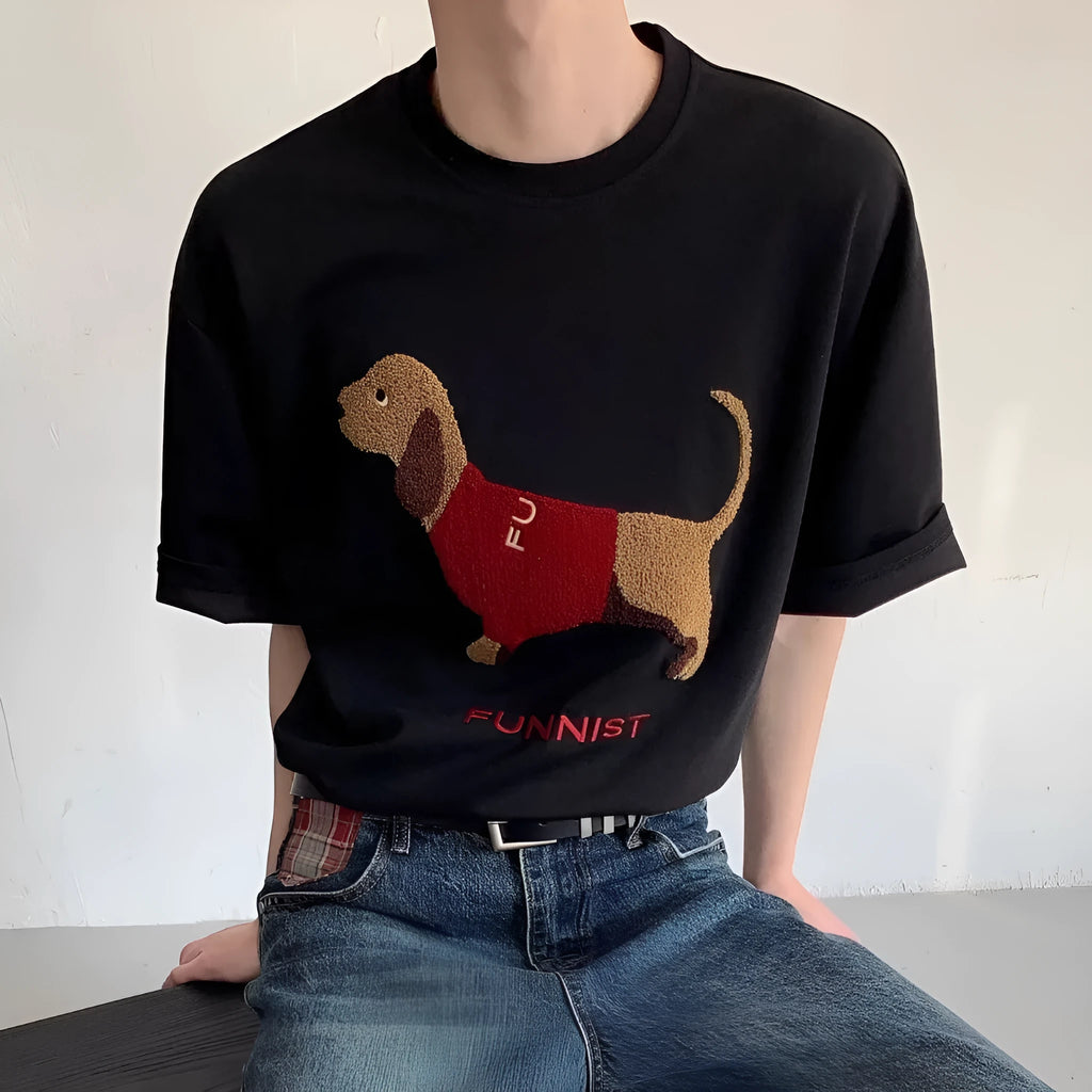 Grey cotton T-shirt for men with an embroidered sausage dog design on the chest.