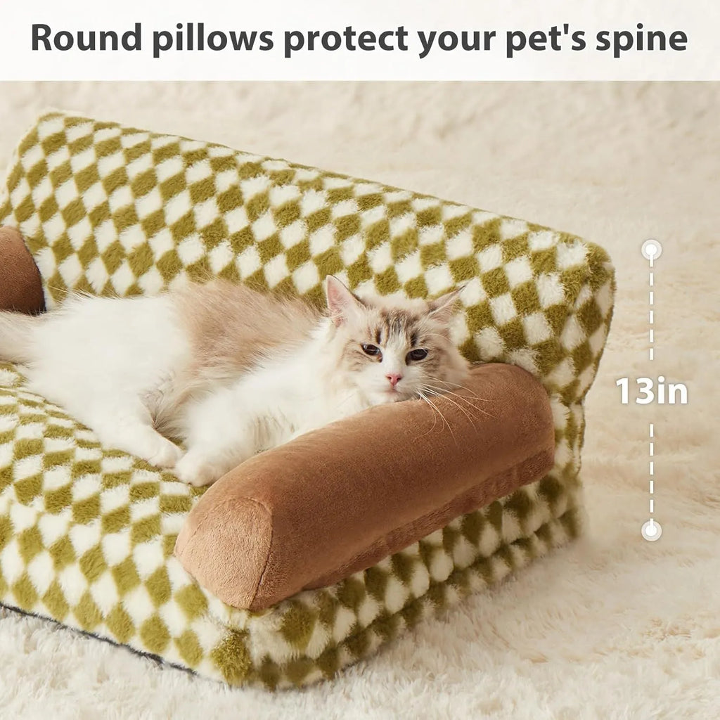 Small grey and white checkered pet sofa bed for a cat, showing non-slip bottom and removable cover.
