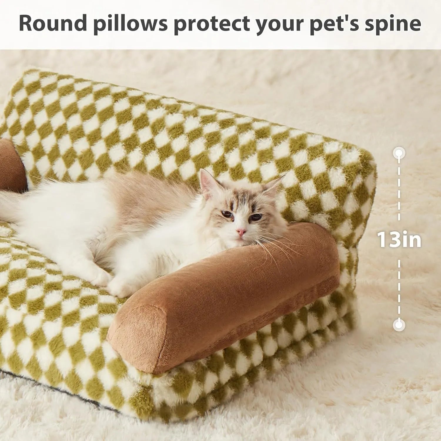 Small grey and white checkered pet sofa bed for a cat, showing non-slip bottom and removable cover.