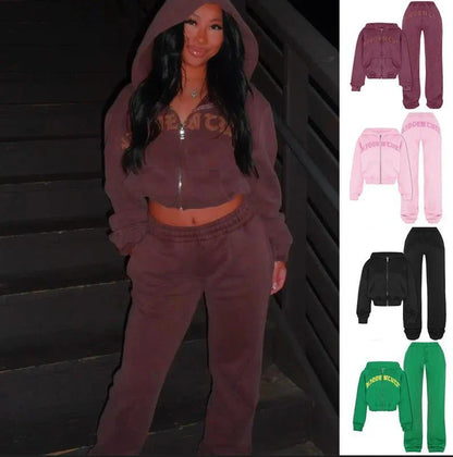 Stylish women's sports suit with zip-up hoodie and drawstring pants in various colors