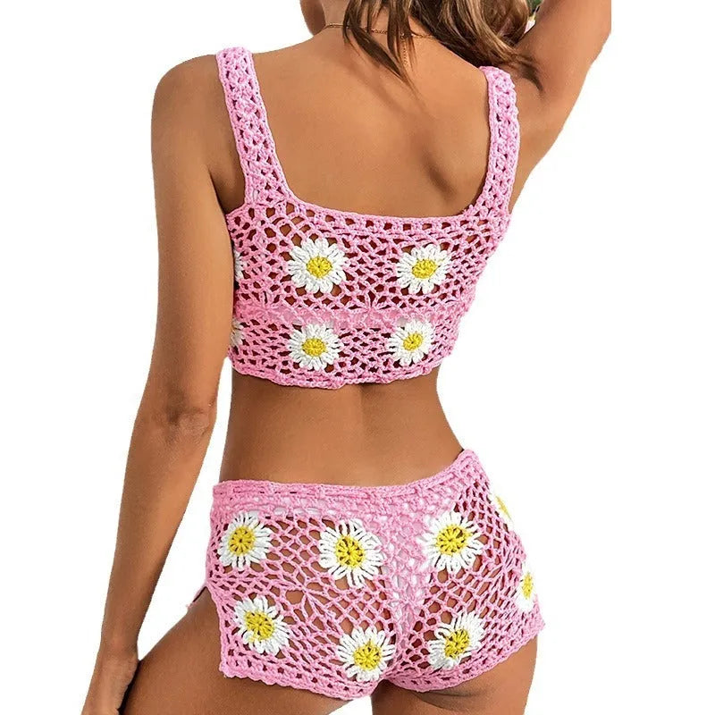 Women's flower print swimsuit bikini set in light green or pink colours with hollow yarn acrylic construction