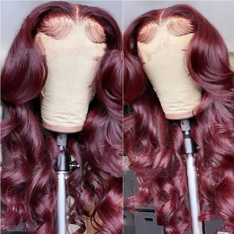 Front lace synthetic wig long curly wine red hair with medium points cap and long bangs