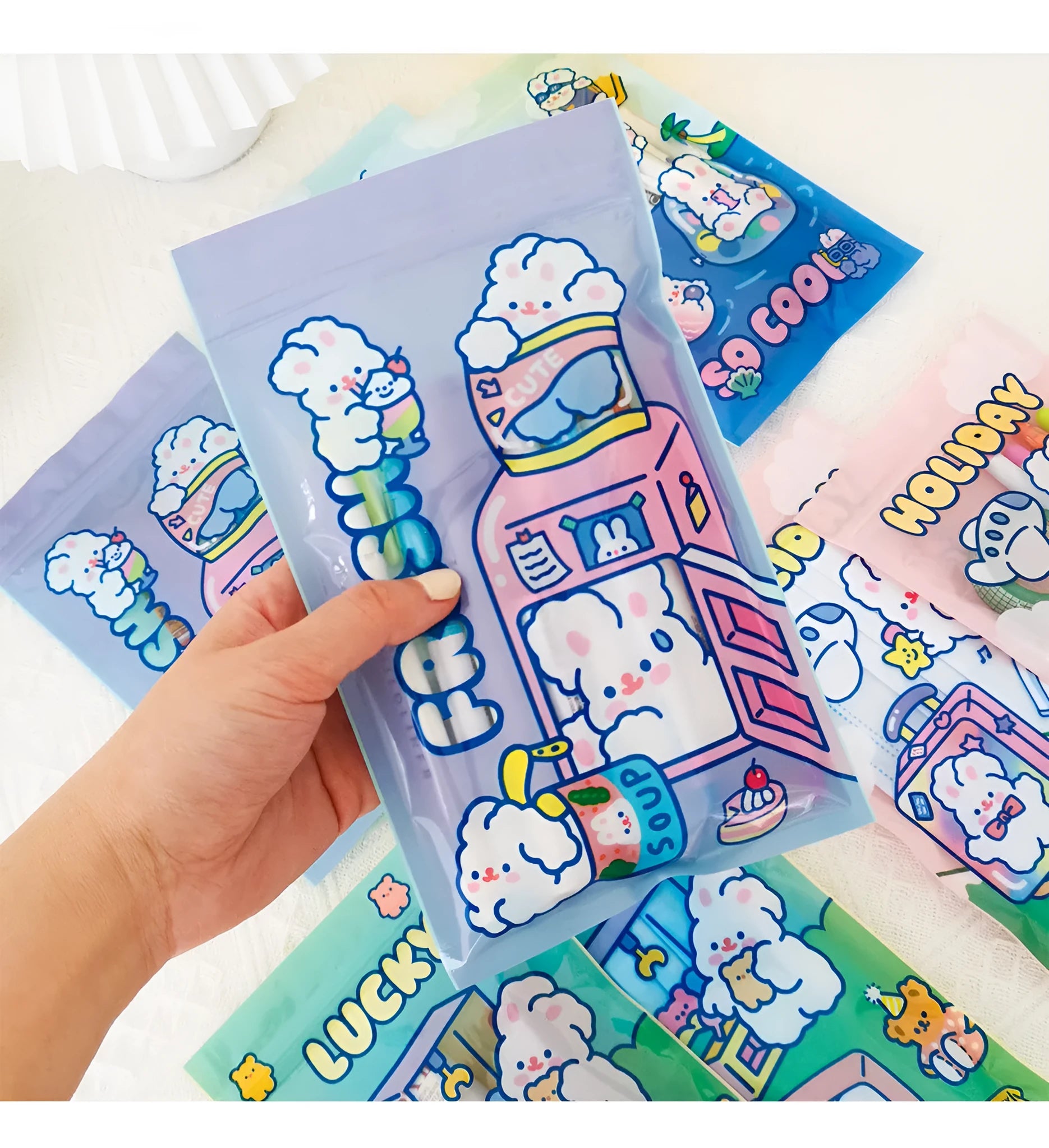 Set of four resealable plastic bags with cute rabbit designs for snacks, gifts, and jewellery storage.
