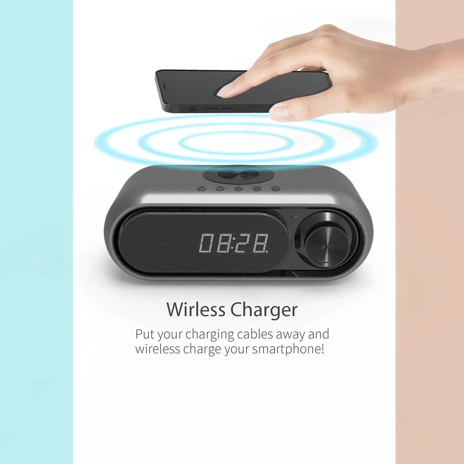 Space grey wireless charging bedside alarm clock with Bluetooth speaker and FM radio functions