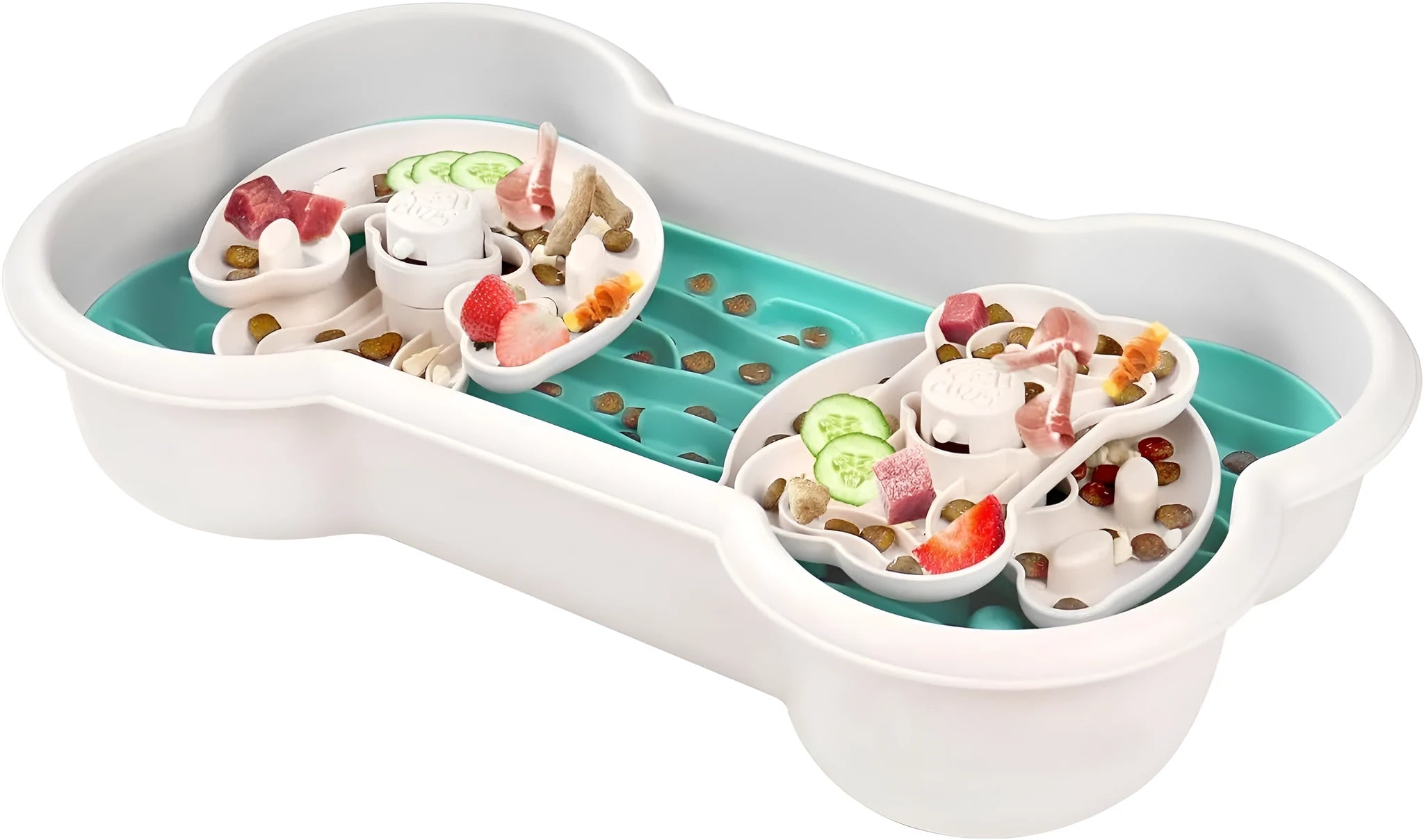 Green slow feeder dog bowl with three removable trays showing wave and groove patterns for large dogs.