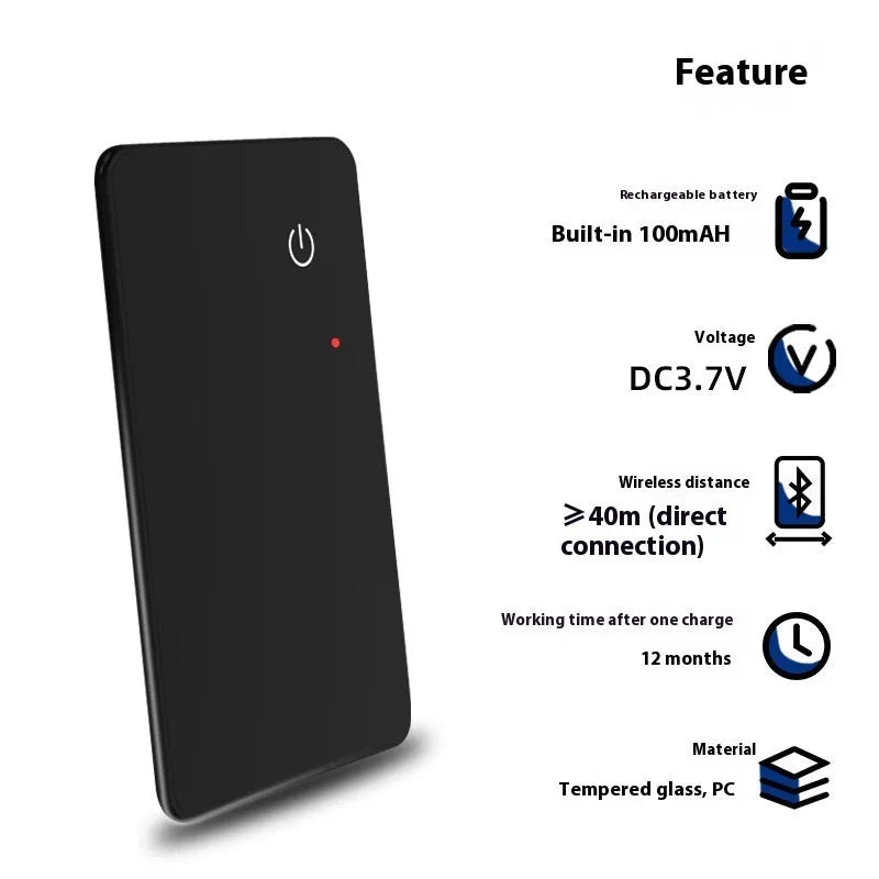 Black plastic pet tracking device with card shape, hanging hole, and wireless charging via NFC interface