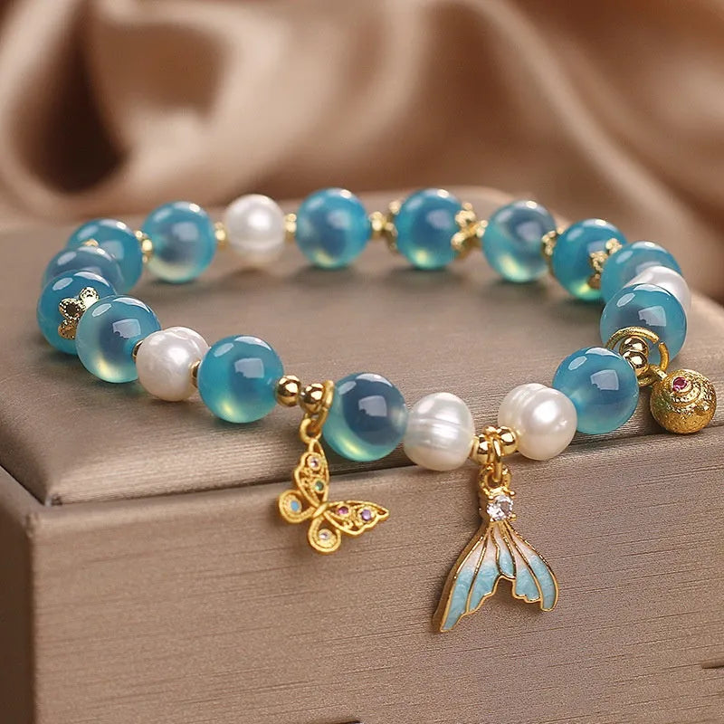 Blue sugar agate bracelet for women with butterfly detail in Chinese style