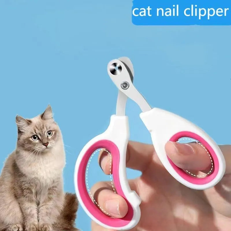 Blue cat nail clippers with circular cut hole and cushioned non-slip handles for safe pet grooming
