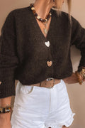 Women's loose metal buckle sweater cardigan coat in solid coffee colour, long sleeve cardigan style, sizes S to XL.