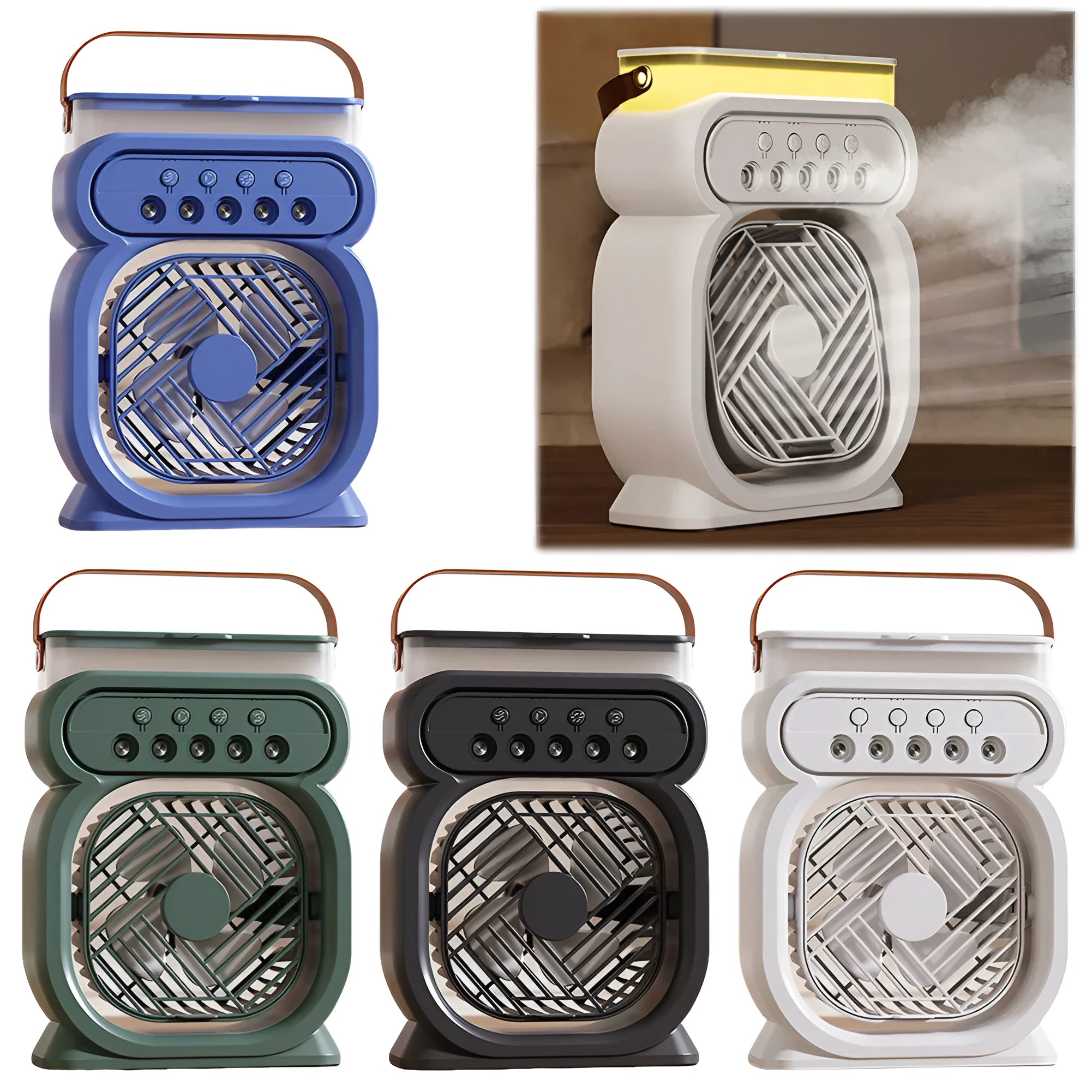 Portable 3-in-1 air conditioner evaporative cooler with LED lights in black, blue, green or white