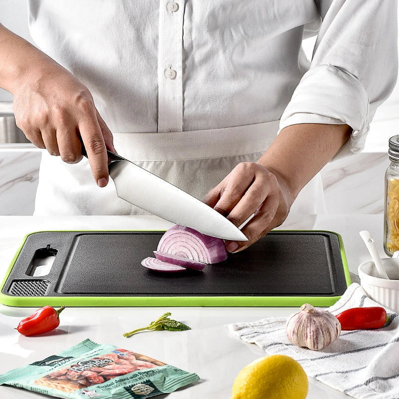 Multifunctional cutting board with defrosting, grinding, and knife sharpening features, made of premium aluminum for high-temperature resistance and easy cleaning.