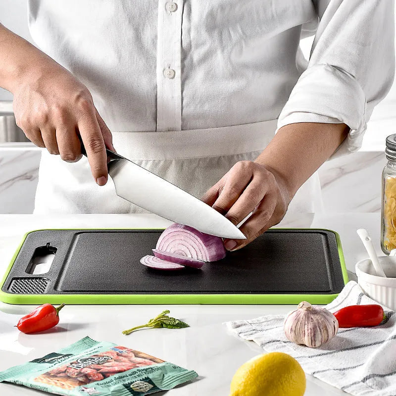 Grey square aluminium double-sided cutting board with built-in whetstone and grinding teeth