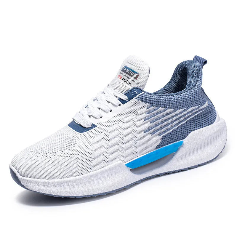 Men's blue casual sports mesh shoes with cloth upper and round toe design on a white background.