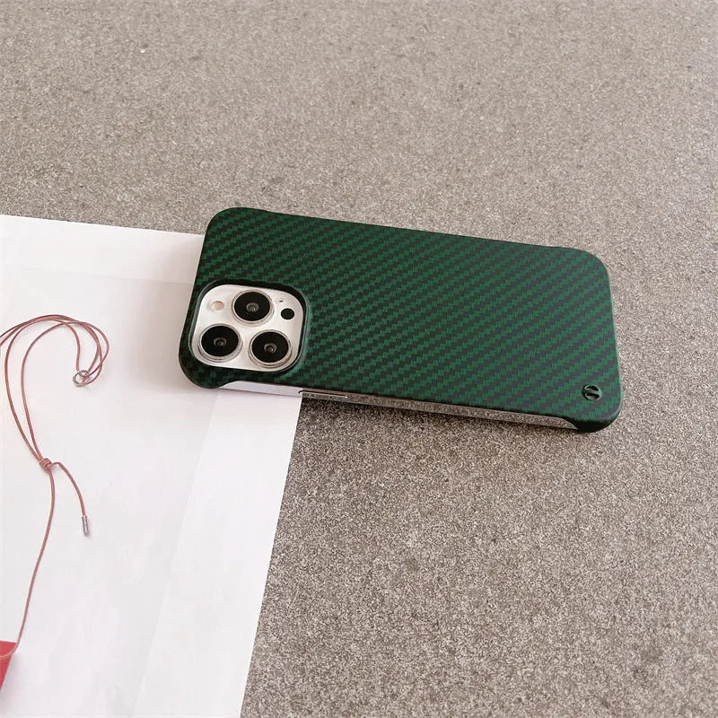 Frameless carbon fibre pattern hard shell phone case with bracket in silver, gold, green, blue, and red for iPhone 12 to 16 Pro Max.