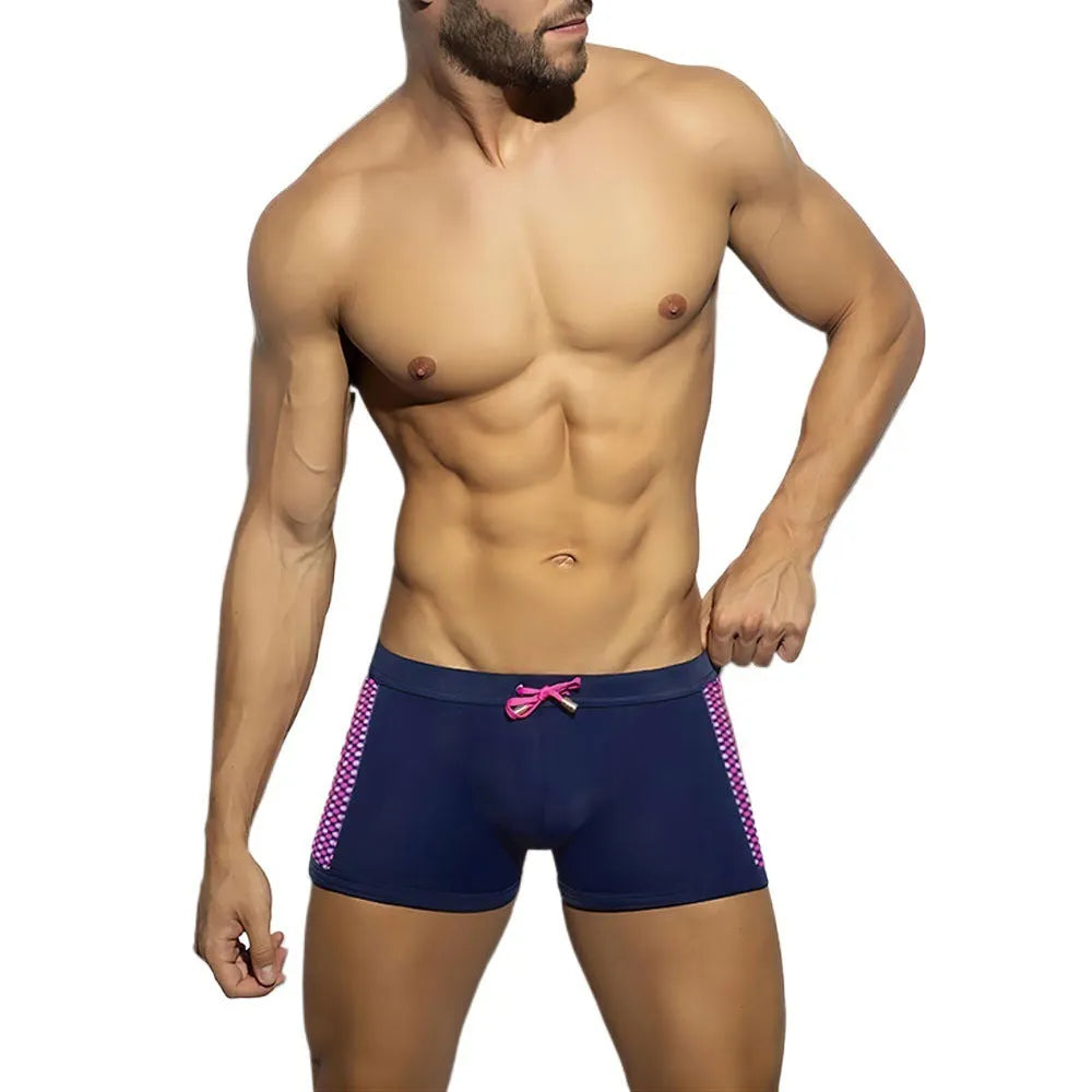 Polka dot print swimming boxers in quick-dry nylon shown in yellow, black, and dark blue colour options.