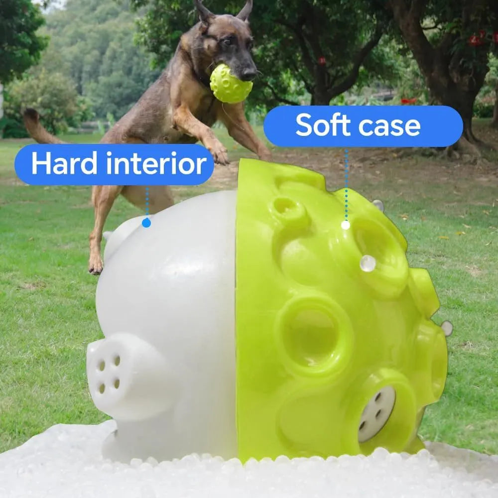 Durable interactive dog toy ball with meteorite bumps and magical squeaky sound in multiple colours