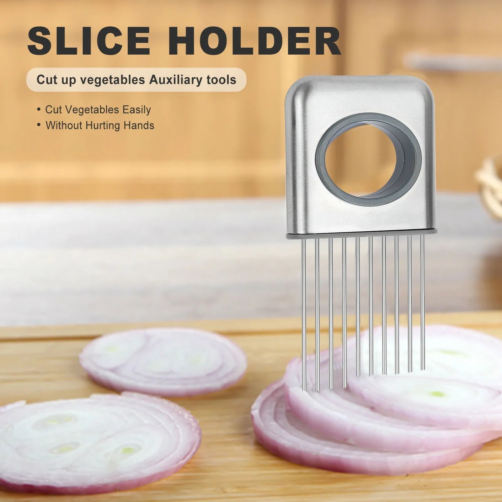 Stainless steel onion holder with prongs and finger guard for slicing vegetables