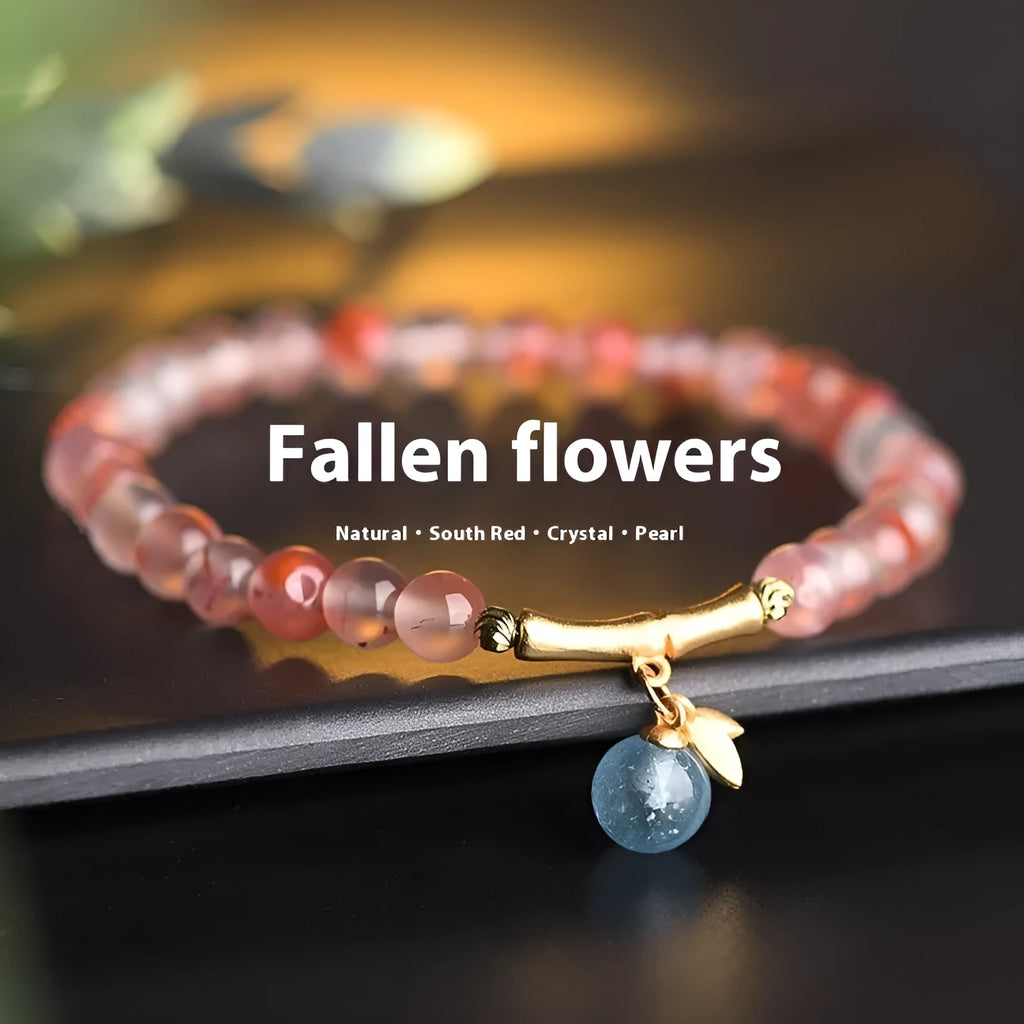 Ice Float Nanhong Agate Bracelet with flower shape and bamboo joint design.